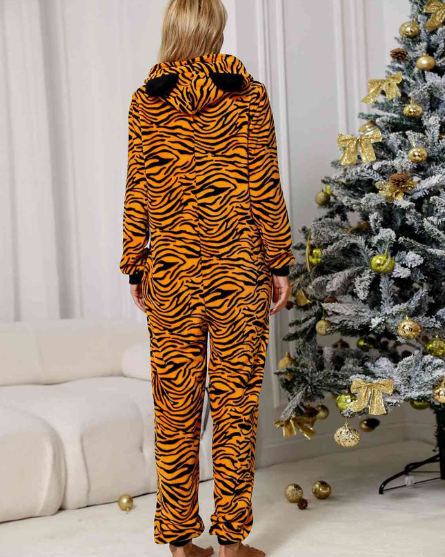 Animal Print  Zip Front Lounge Jumpsuit with Pockets