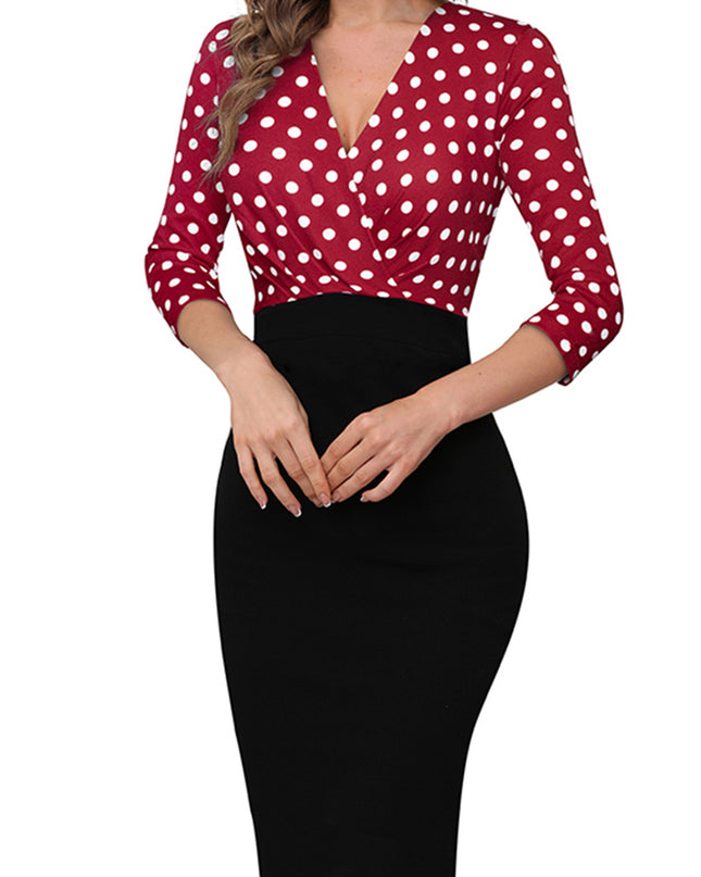 Surplice Neck Polka Dot Pencil Dress