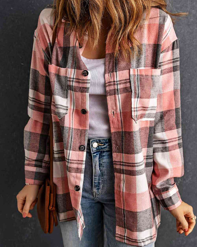Double Take Plaid Dropped Shoulder Longline Shirt