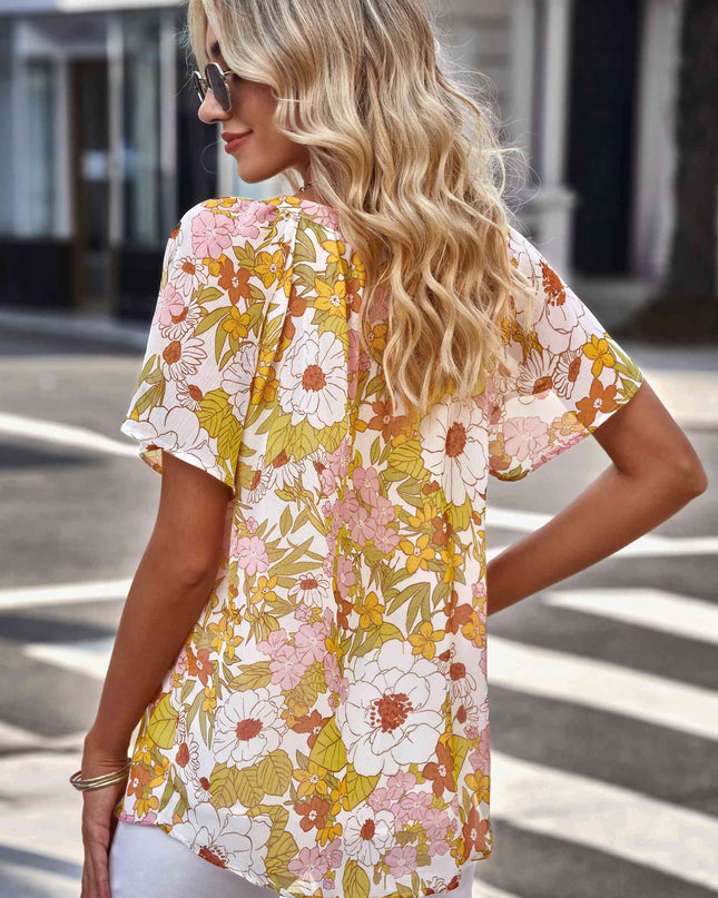 Floral Notched Neck Flutter Sleeve Blouse