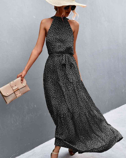 Printed Sleeveless Tie Waist Maxi Dress