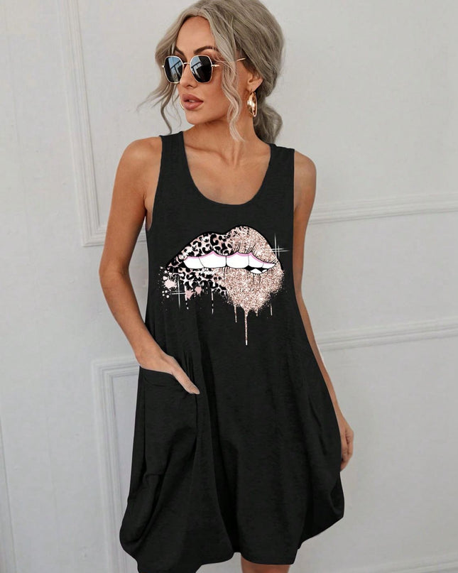 Lip Graphic Sleeveless Dress with Pockets