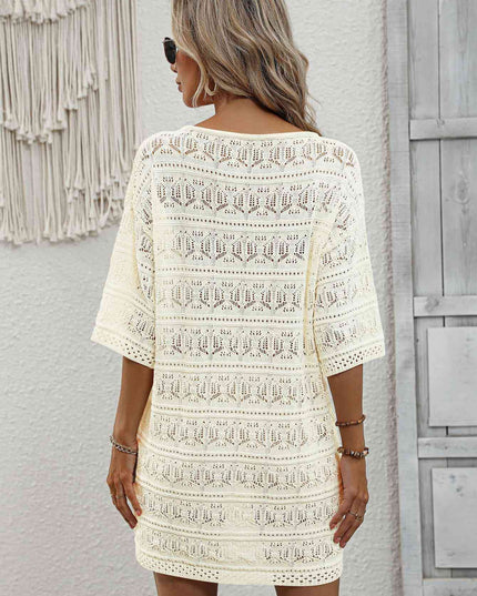 Openwork V-Neck Mini Knit Dress