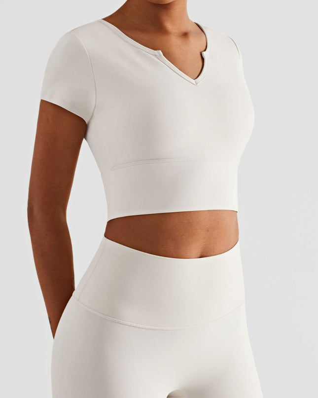 Notched Neck Short Sleeve Cropped Sports Top