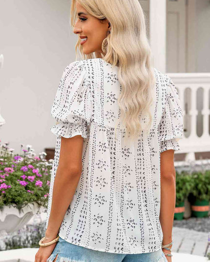 Embroidered Round Neck Flounce Sleeve Blouse