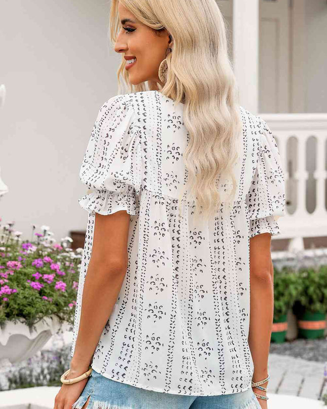 Embroidered Round Neck Flounce Sleeve Blouse