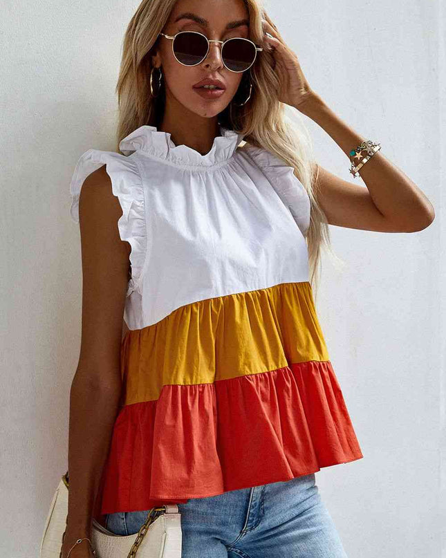Ruffle Trim Mock Neck Sleeveless Color Block Tank Top