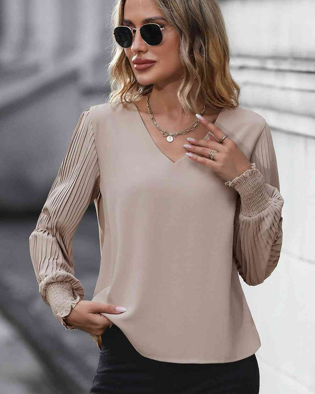 Pleated Lantern Sleeve V-Neck Blouse