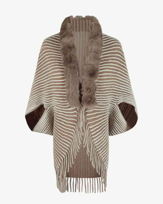 Striped Open Front Fringe Poncho