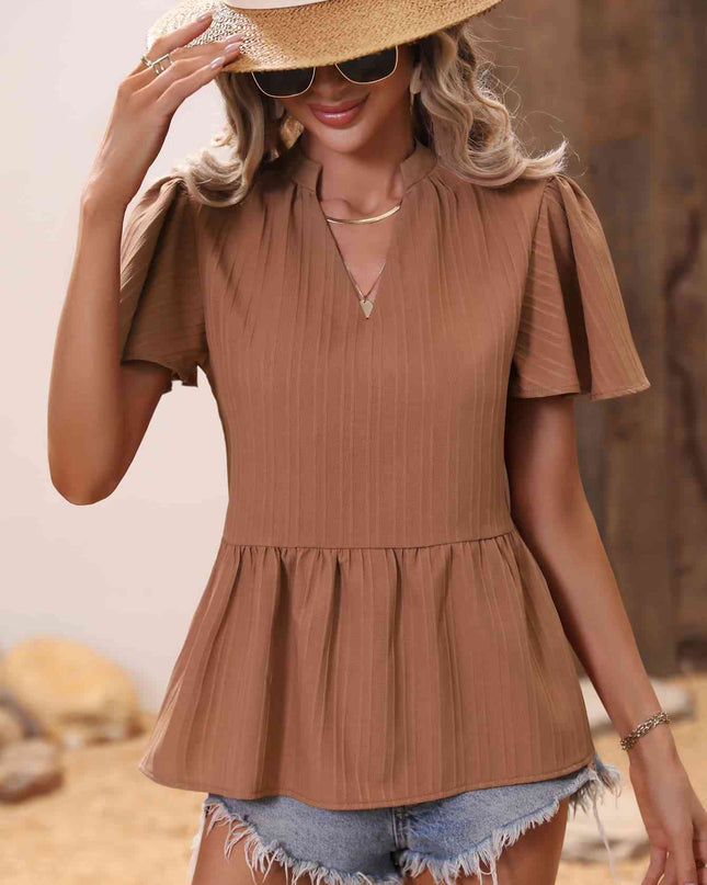 Ribbed Flutter Sleeve Notched Peplum Blouse