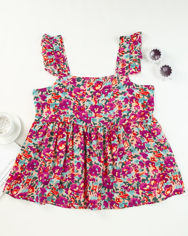 Floral Buttoned Square Neck Ruffled Tank