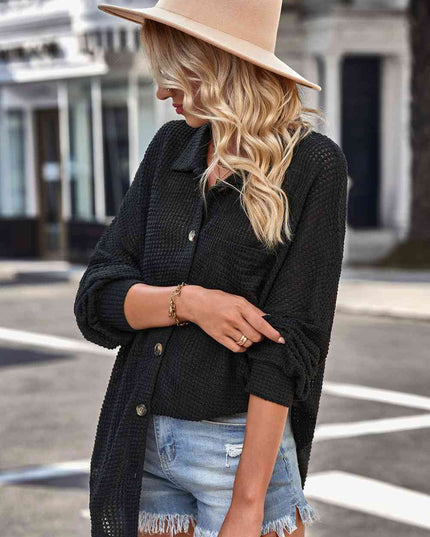 Waffle-Knit Collared Neck Dropped Shoulder Shirt