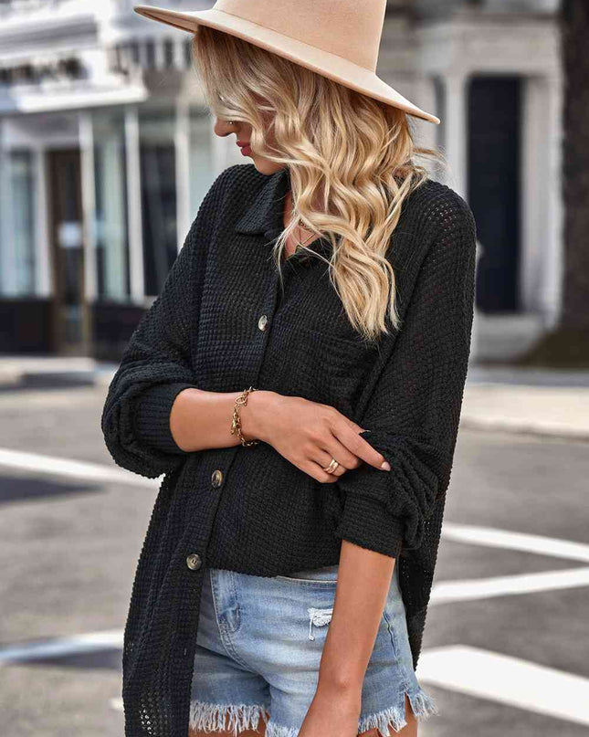 Waffle-Knit Collared Neck Dropped Shoulder Shirt