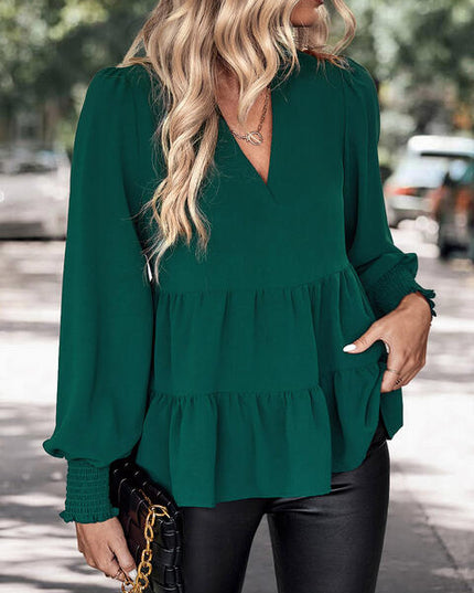 Notched Neck Lantern Sleeve Blouse