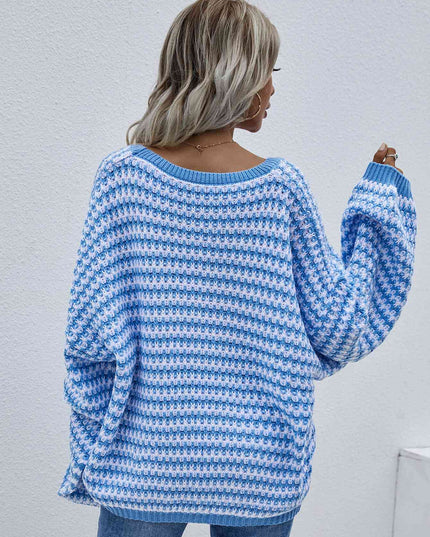 Striped Drop Shoulder V-Neck Pullover Sweater