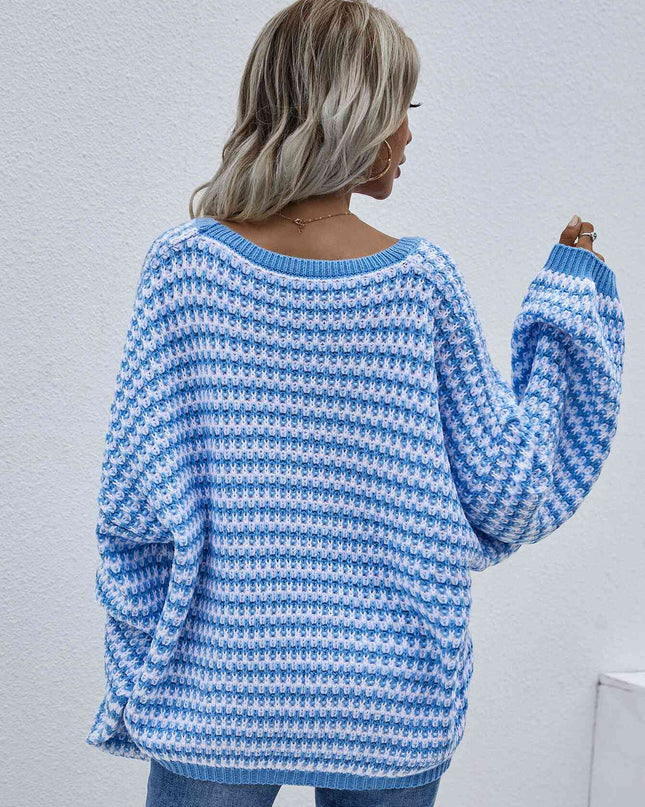 Striped Drop Shoulder V-Neck Pullover Sweater