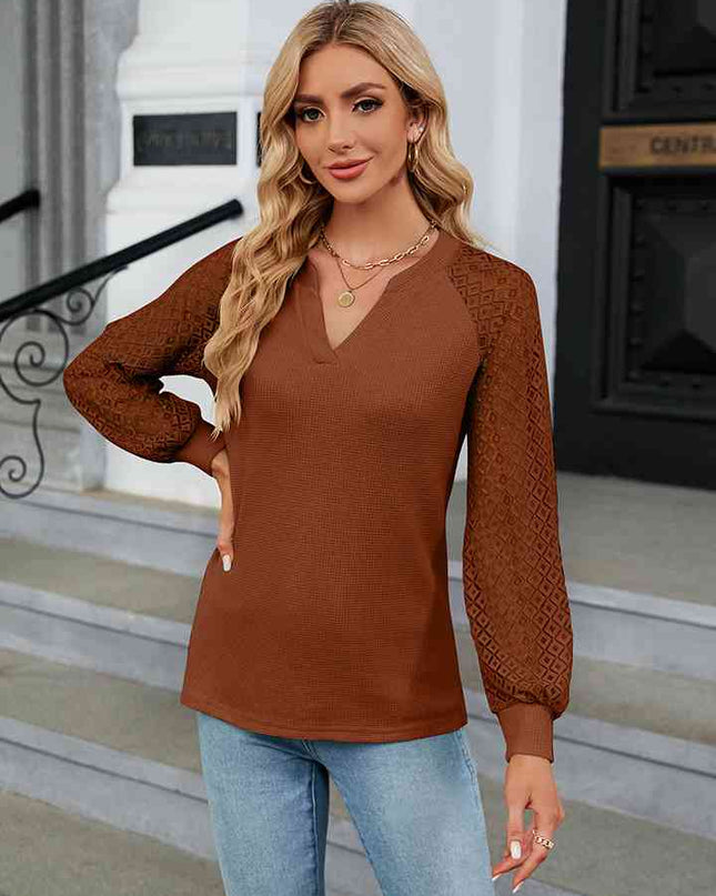 Notched Neck Long Sleeve Blouse