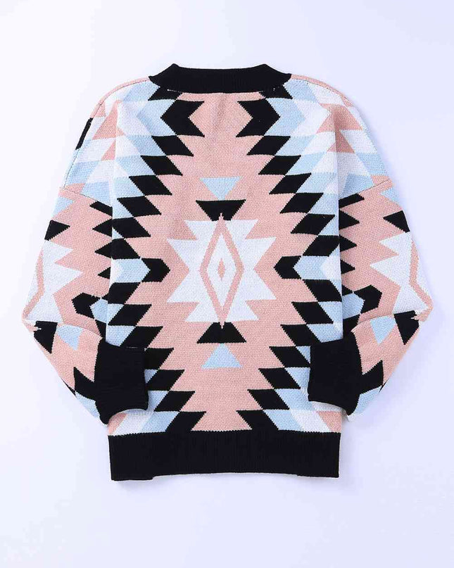 Geometric Button Down Dropped Shoulder Cardigan