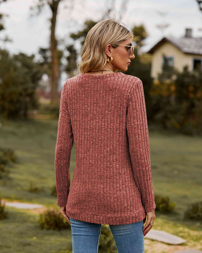 Ribbed V-Neck Long Sleeve Tee