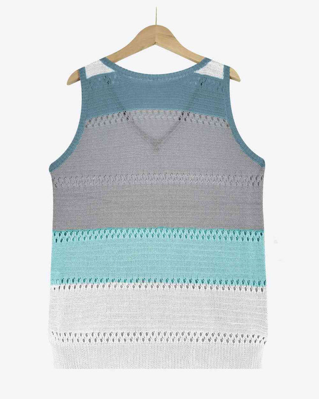 Striped Openwork V-Neck Knit Tank