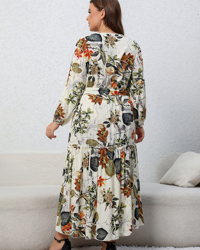 Plus Size Floral Tied Balloon Sleeve Midi Dress