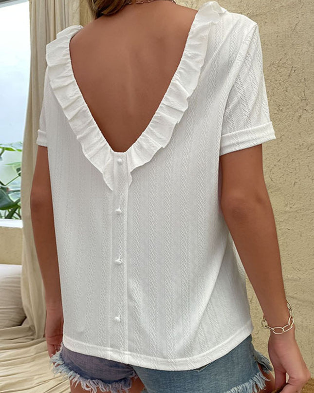 Round Neck Ruffled Short Sleeve Blouse
