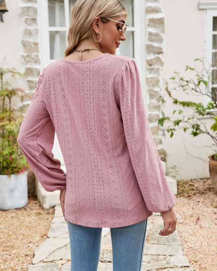 Eyelet Notched Neck Balloon Sleeve Blouse