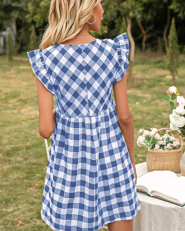 Plaid Butterfly Sleeve Deep V Dress