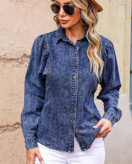 Button Up Collared Neck Denim Top