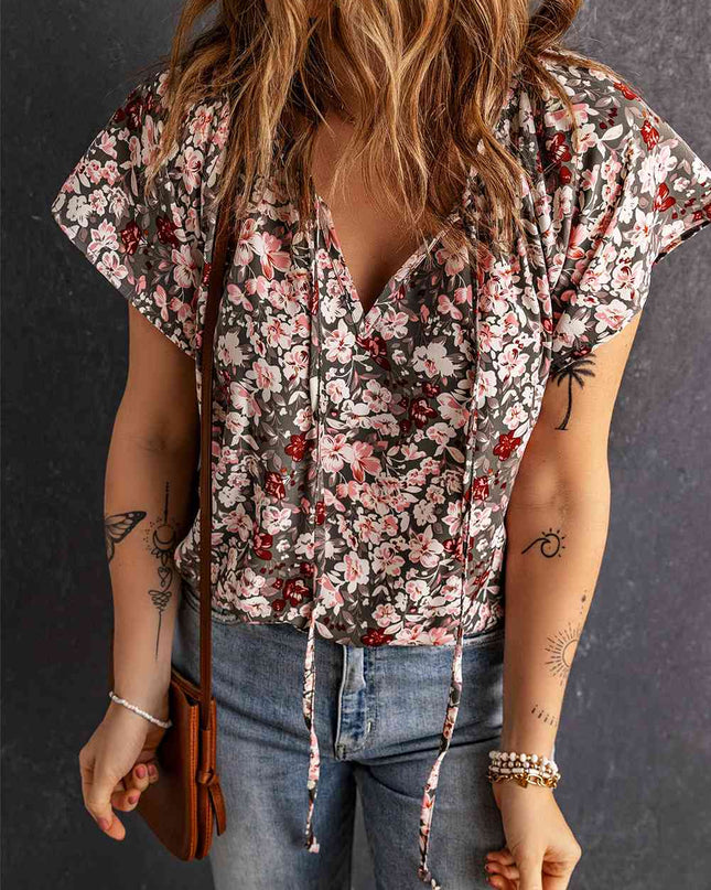 Floral Flutter Sleeve Tie-Neck Blouse