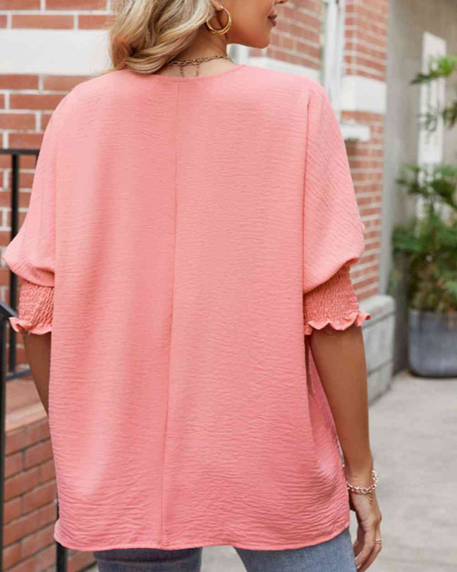 Round Neck Smocked Lantern Sleeve Blouse