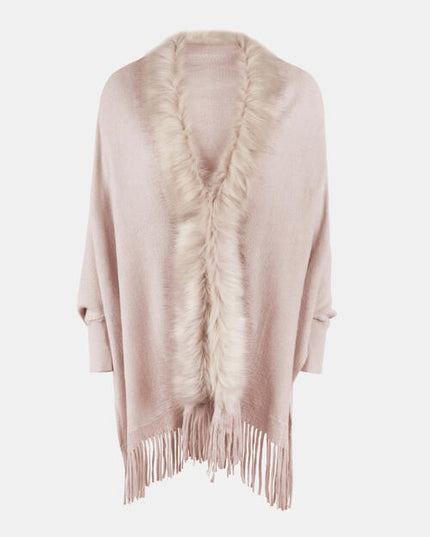 Fringe Open Front Long Sleeve Poncho