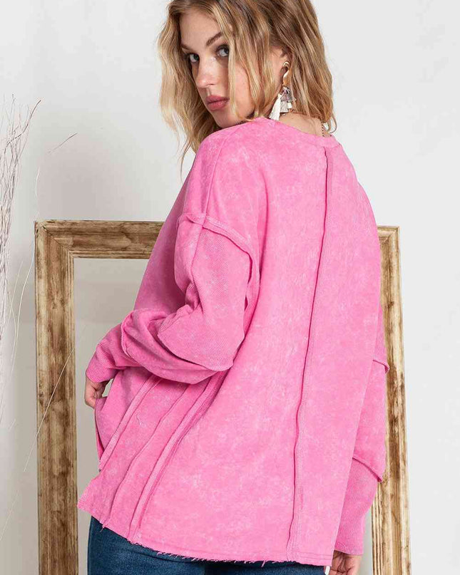 Full Size Exposed Seams Round Neck Dropped Shoulder Sweatshirt