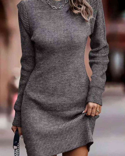 Rib-Knit Round Neck Sweater Dress