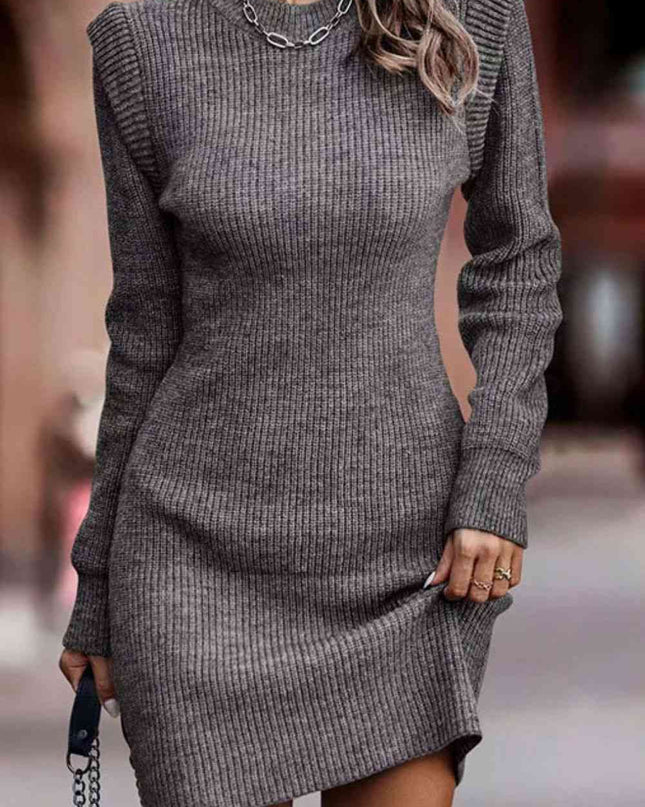 Rib-Knit Round Neck Sweater Dress