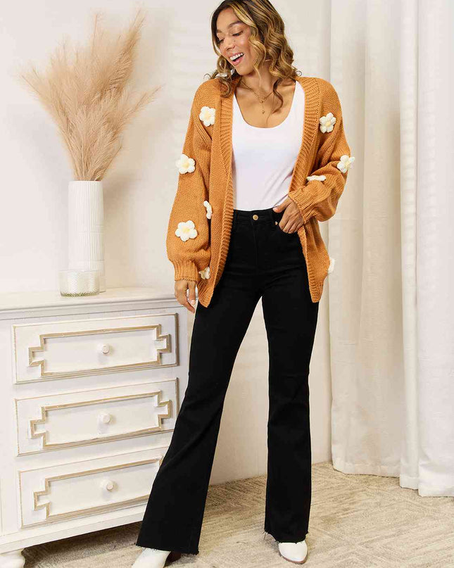 Flower Dropped Shoulder Open Front Cardigan
