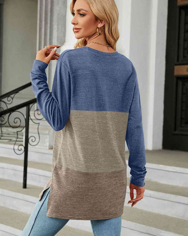 Color Block Round Neck Long Sleeve Slit T-Shirt
