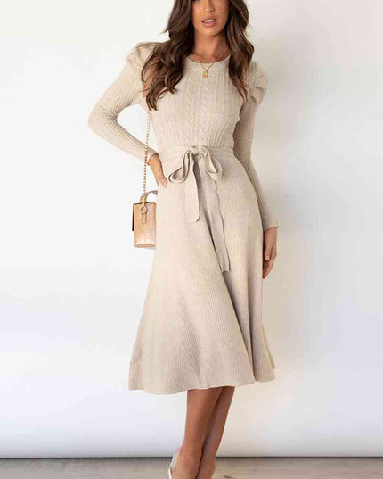 Round Neck Long Sleeve Tie Waist Sweater Dress