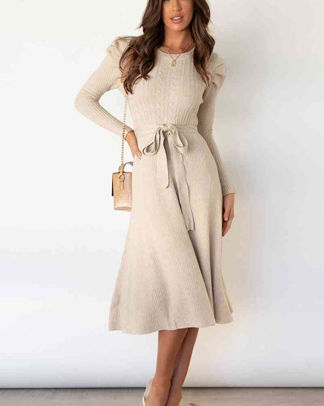 Round Neck Long Sleeve Tie Waist Sweater Dress
