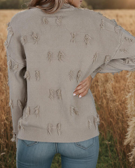 Fringe Detail Long Sleeve Mock Neck Sweater