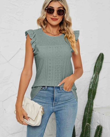 Smocked Round Neck Eyelet Top