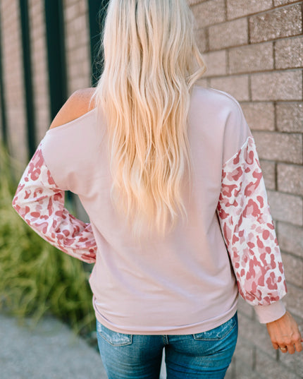 Leopard Color Block Cold-Shoulder Top