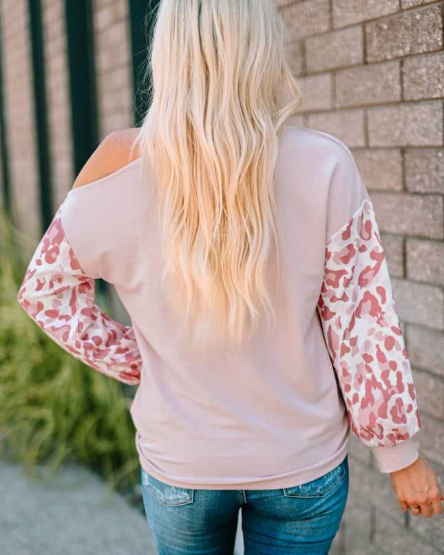 Leopard Color Block Cold-Shoulder Top