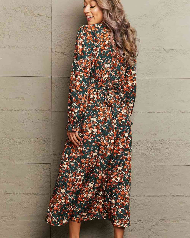 Printed Surplice Neck Long Sleeve Dress
