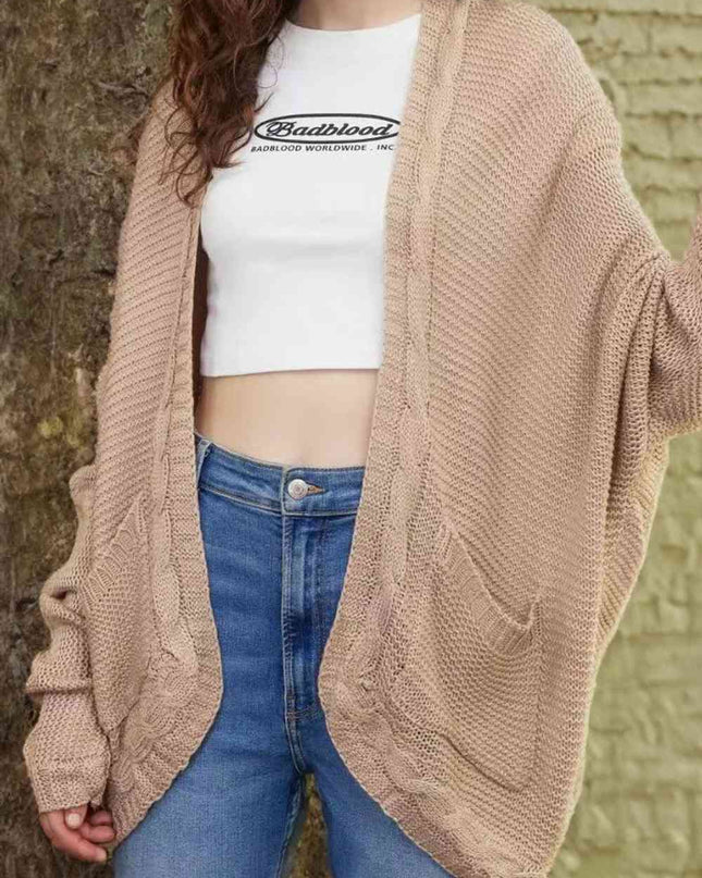 Cable-Knit Open Front Cardigan with Pockets