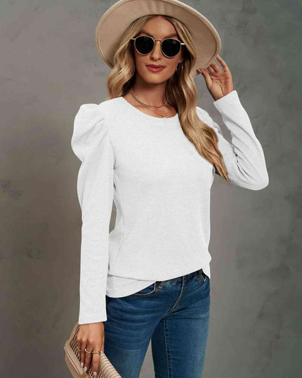 Waffle-Knit Puff Sleeve Round Neck Top