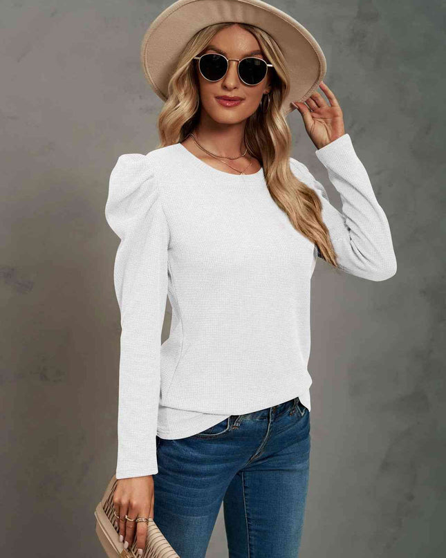 Waffle-Knit Puff Sleeve Round Neck Top