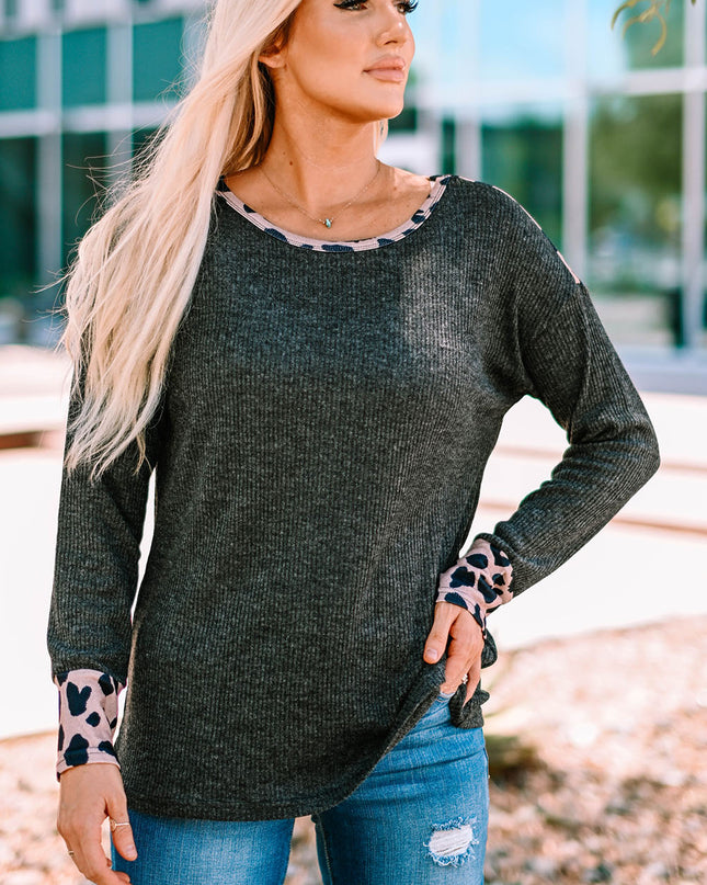 Leopard Round Neck Ribbed Top