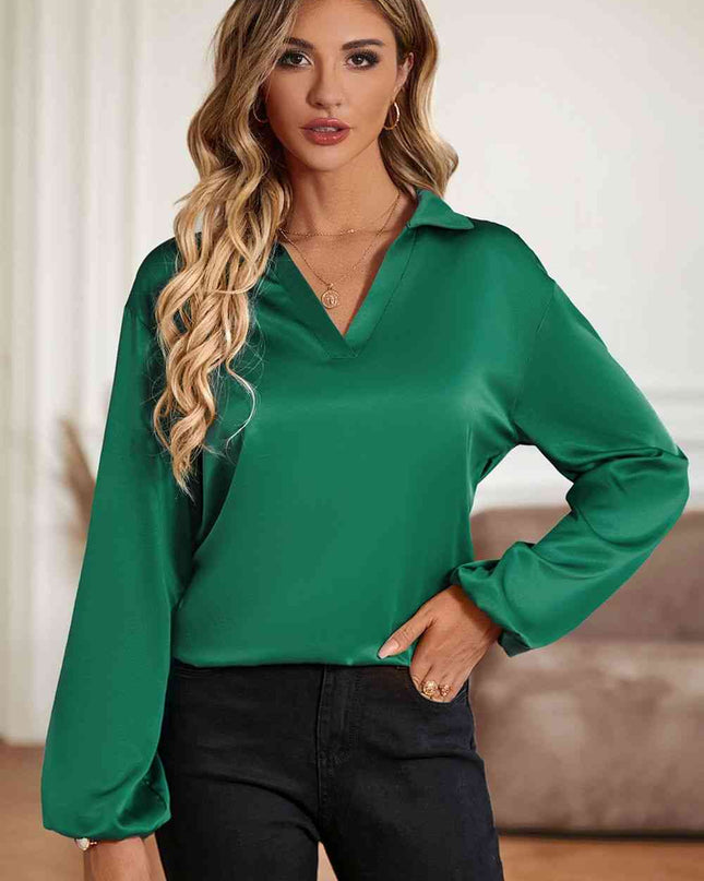 Johnny Collar Lantern Sleeve Blouse