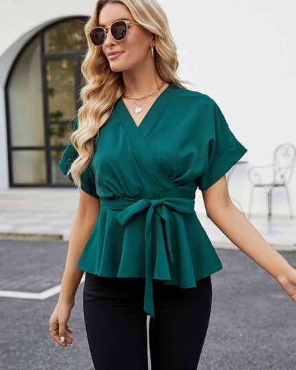 Surplice Neck Short Sleeve Front Tie Ruffle Hem Blouse